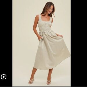 NLT Linen Blend Smocked Square Neck Midi Dress